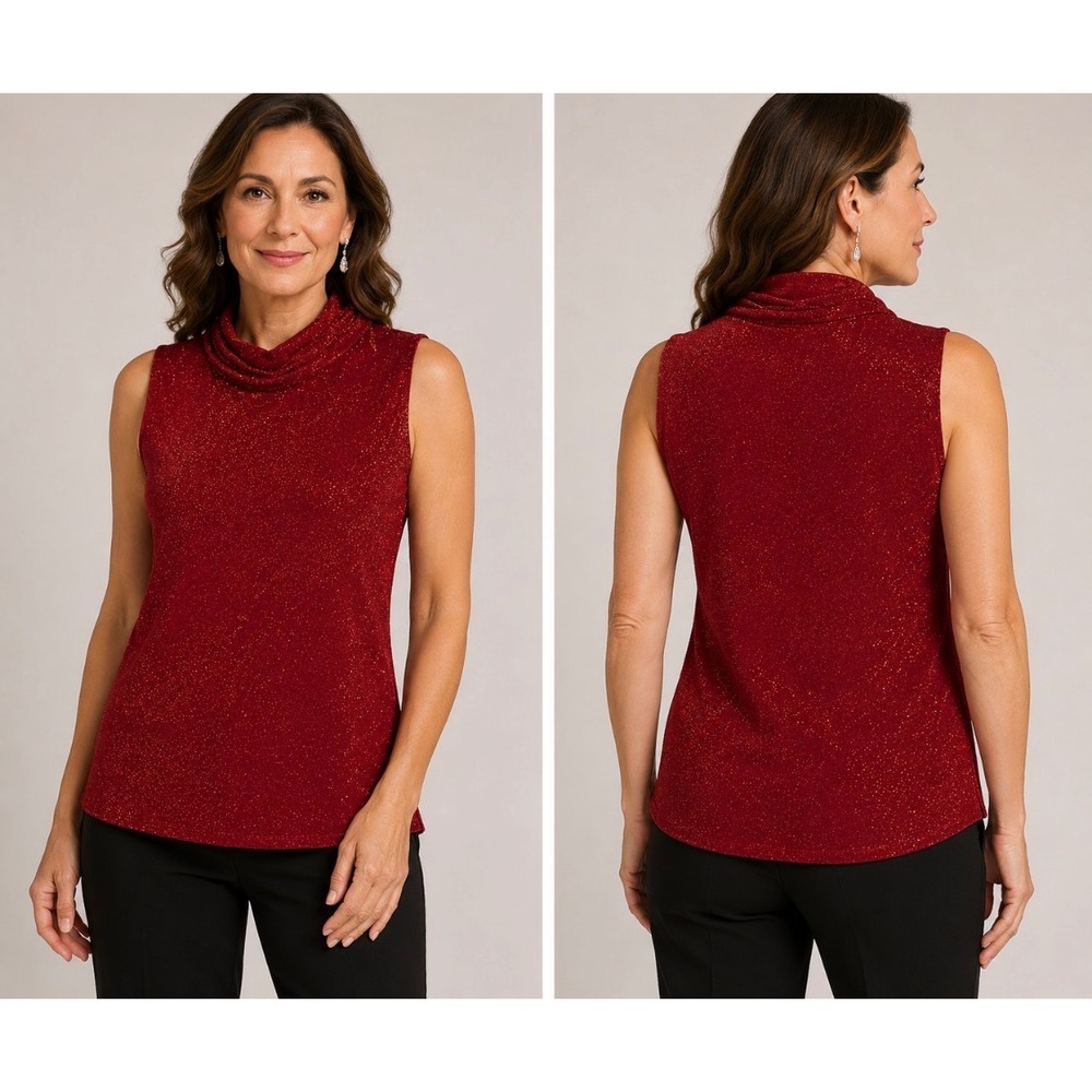 Alex Evenings Sleeveless Glitter Knit Top Ruby Red Mock Neck Medium